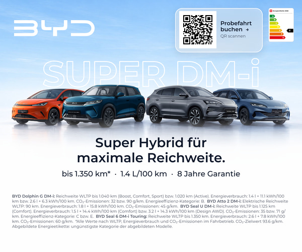 BYD Super DM-i – Super Hybrid für maximale Reichweite: bis 1'350 km. Jetzt Probefahrt buchen.